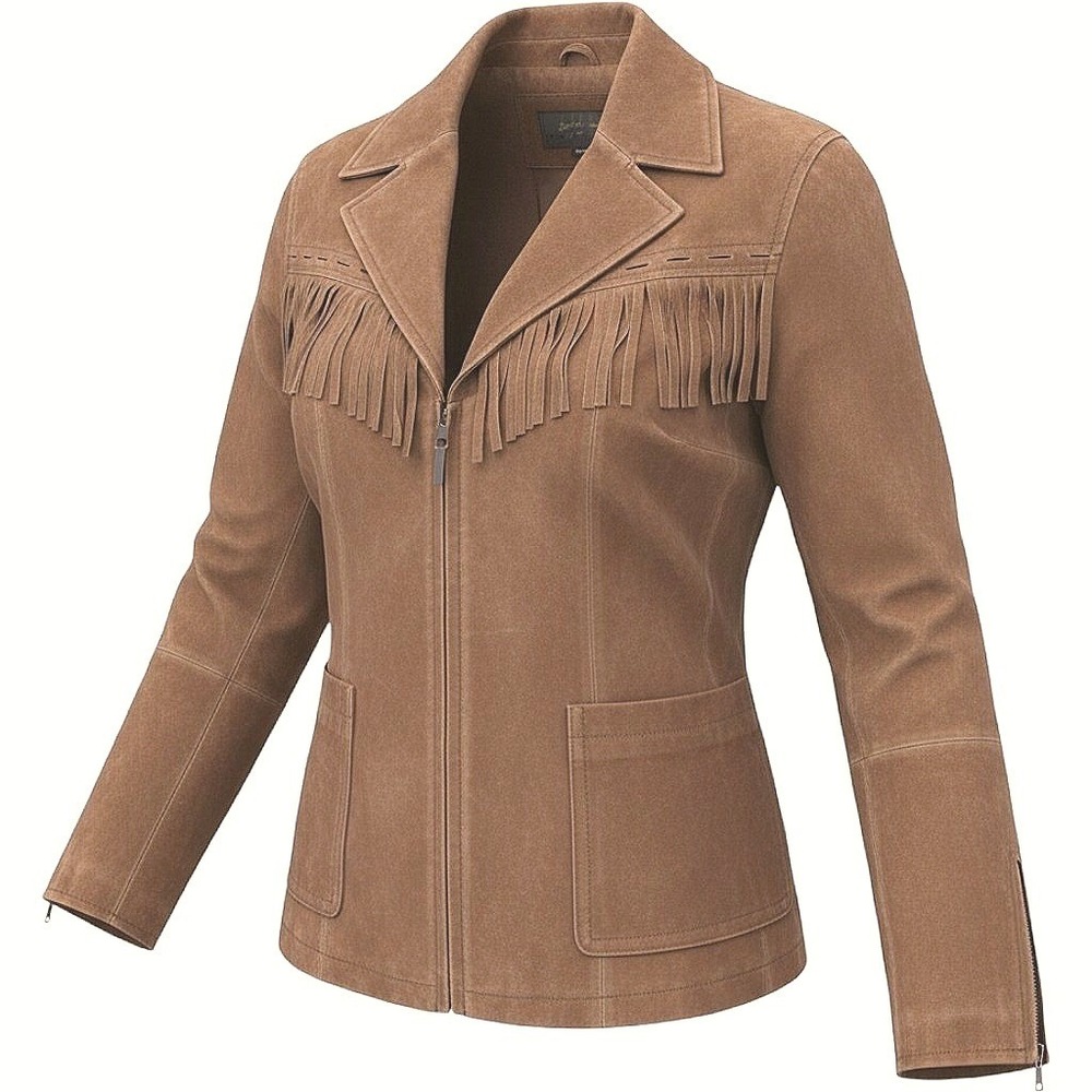 Colebrook Classics Brown Suede Leather Fringe Western Jacket Womens Large Zip Up